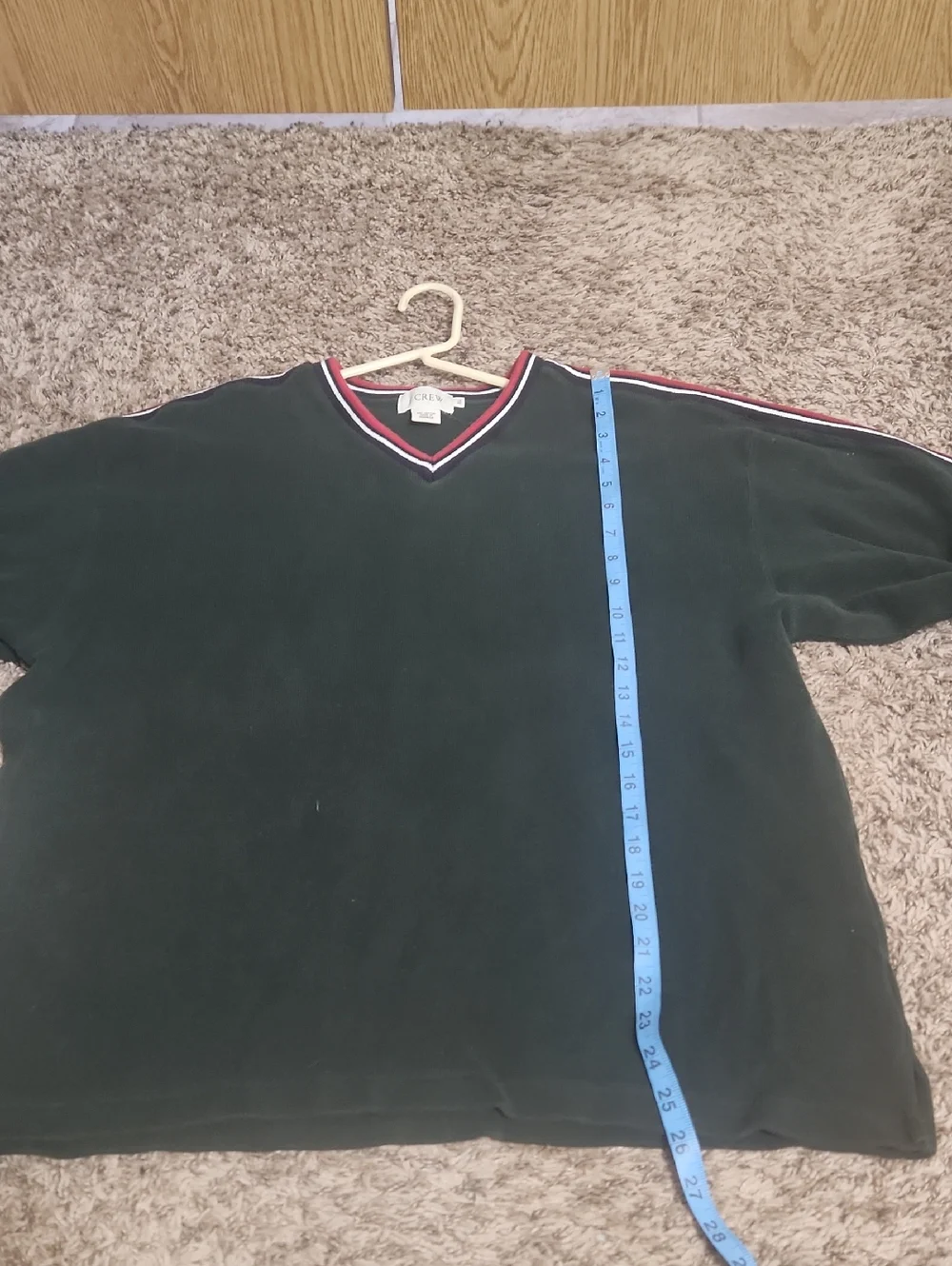J. Crew Men's Dark Green V-Neck Sweater with Red and White Trim XL
